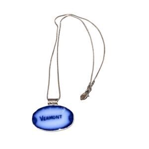 Pendant VERMONT Handmade from A Vintage Flow Blue Plate 18” Silver Tone Chain